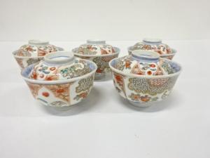 古伊万里　染付　金彩色絵　蓋茶碗　5客